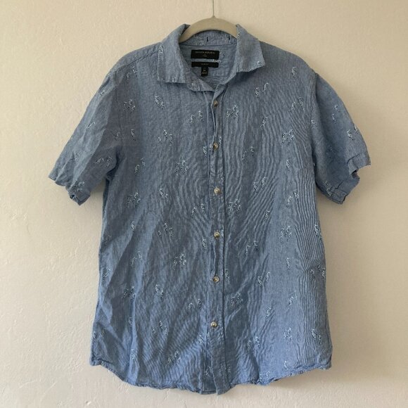 Banana Republic Linen Blend Short Sleeve Button Down Shirt Seahorse Men Med TALL - Picture 1 of 10